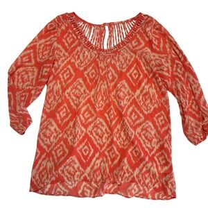 Studio Y Ladder Cut Neckline Peach/Beige Design 3/4 Sleeve Tunic Top Shirt Sz M